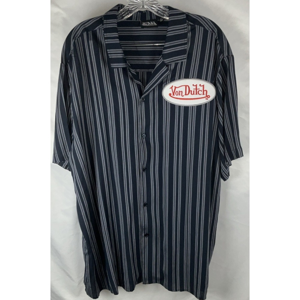 Von Dutch Men's Striped Button Up Shirt Blue Gray Logo Patch Y2K‎ Style Casual